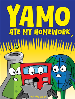 YAMO program cover. Blue and yellow graphic. "YAMO Ate My Homework"